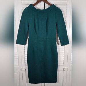 Boden Green Boat Collar 3/4 Sleeve Fitted Ribbed Knit Exposed Gold Zip Dress 6P